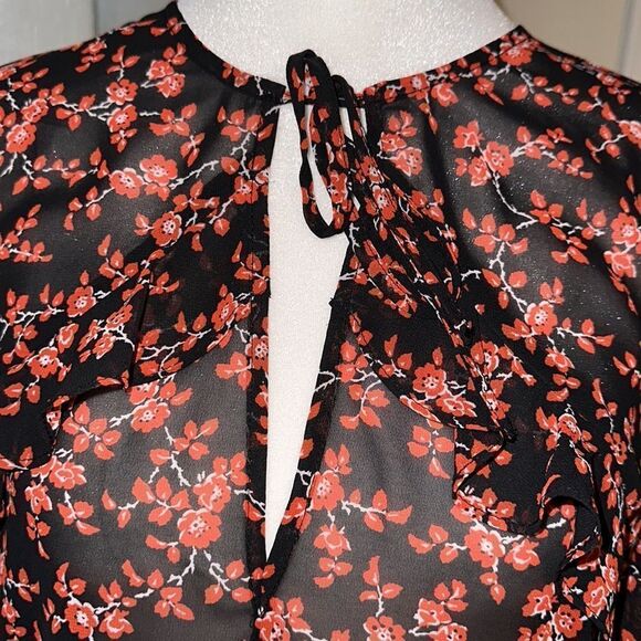 bar III L Black Red White Floral Long Sleeve Tie Front Peplum Ruffle Blouse - Picture 10 of 12